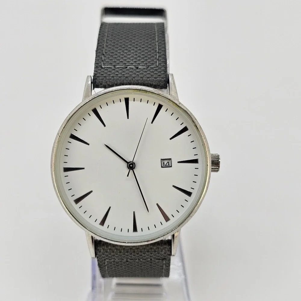 Men Analog Watch 41MM White Dial Date Gray Canvas Faux Leather Bands New Battery